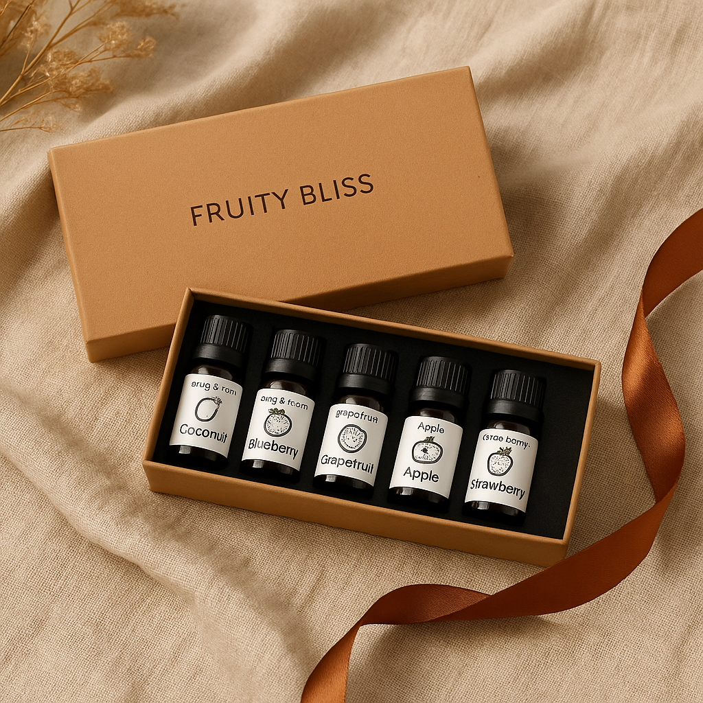 Fruity Bliss — Fragrance Oil Gift Set (6×5 ml) • Coconut, Blueberry, Grapefruit, Apple, Strawberry, Mango